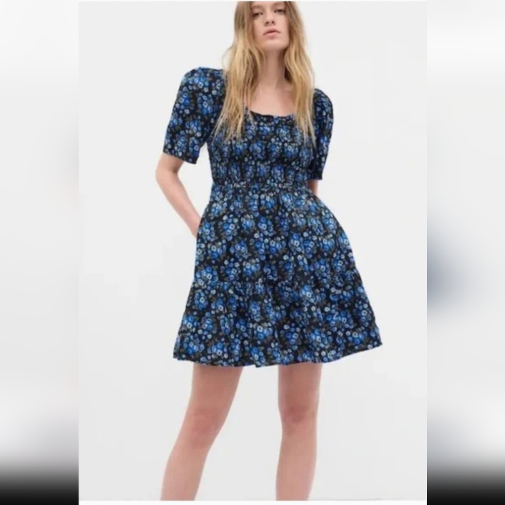 Gap Puff Sleeved Smocked Floral Mini Dress, XL, Blue